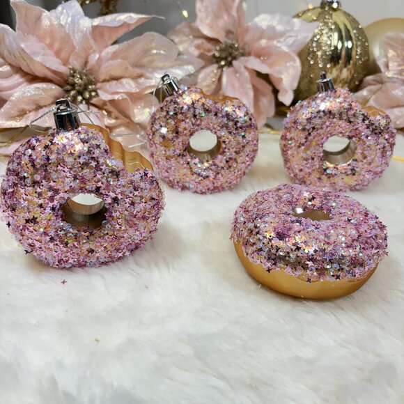 Set of 4 Pink Glitter Donut Christmas Holiday Candy Gingerbread Ornaments - Picture 2 of 6
